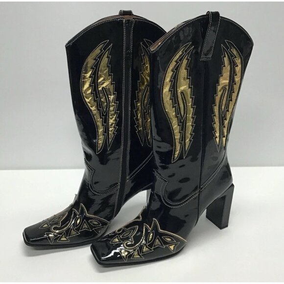 Jeffrey Campbell NIB Western Cowboy Boots Stirrups Women’s Sz 11 Black Gold NEW - Picture 1 of 10